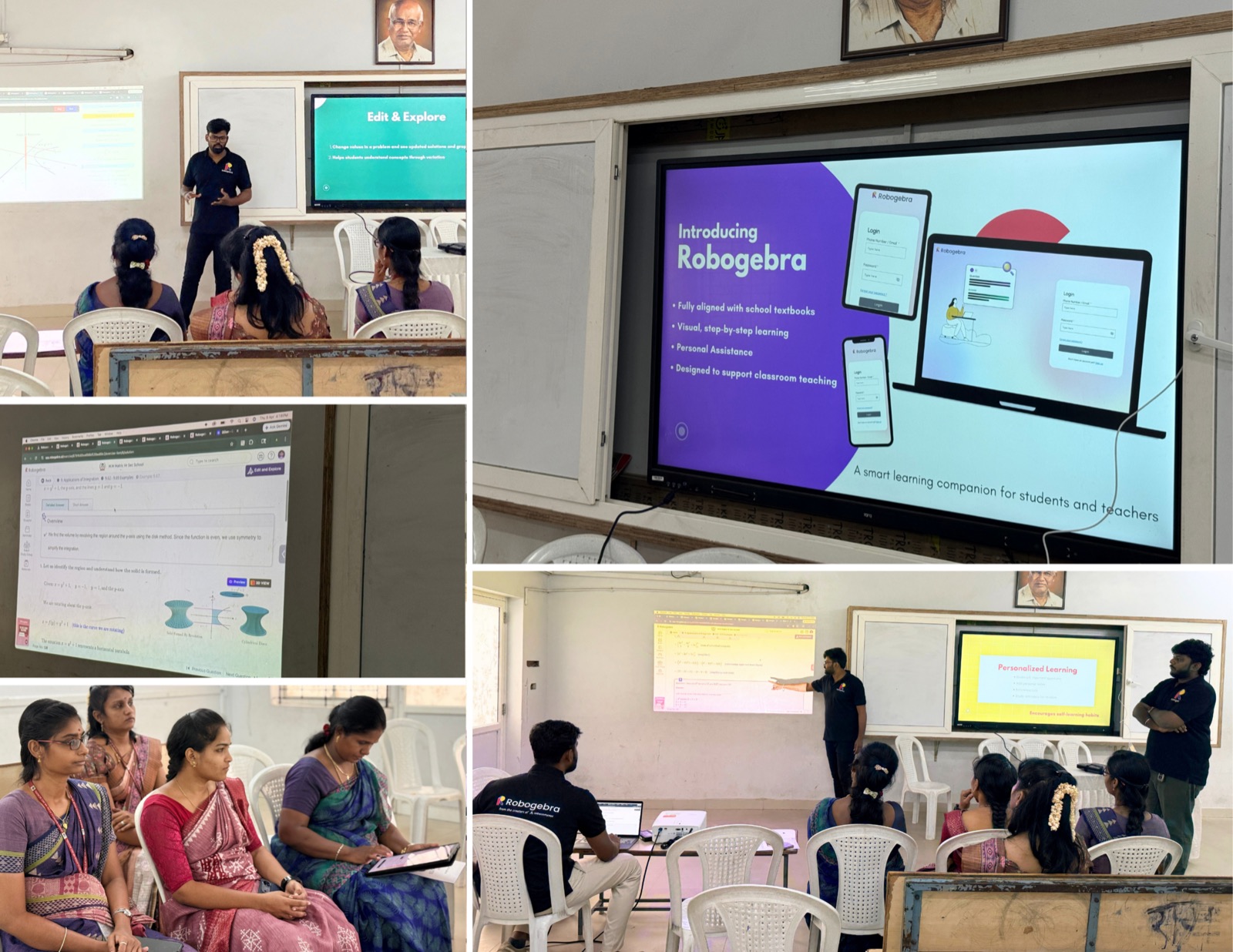 Photos from a school workshop: a Robogebra trainer presenting to maths teachers, the Introducing Robogebra slide on a classroom screen, a worksheet solution being projected, and teachers trying the app on a tablet