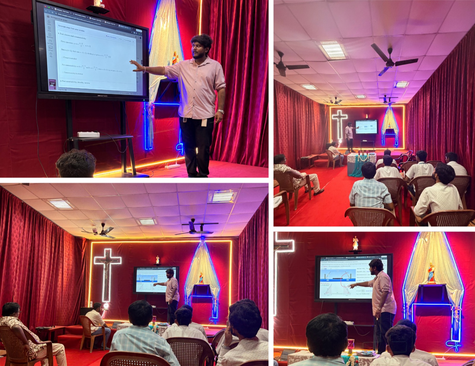 Photos from a school workshop: a Robogebra trainer walking through a step-by-step maths solution on a classroom smart board, and the trainer working through a worksheet problem with students seated in rows